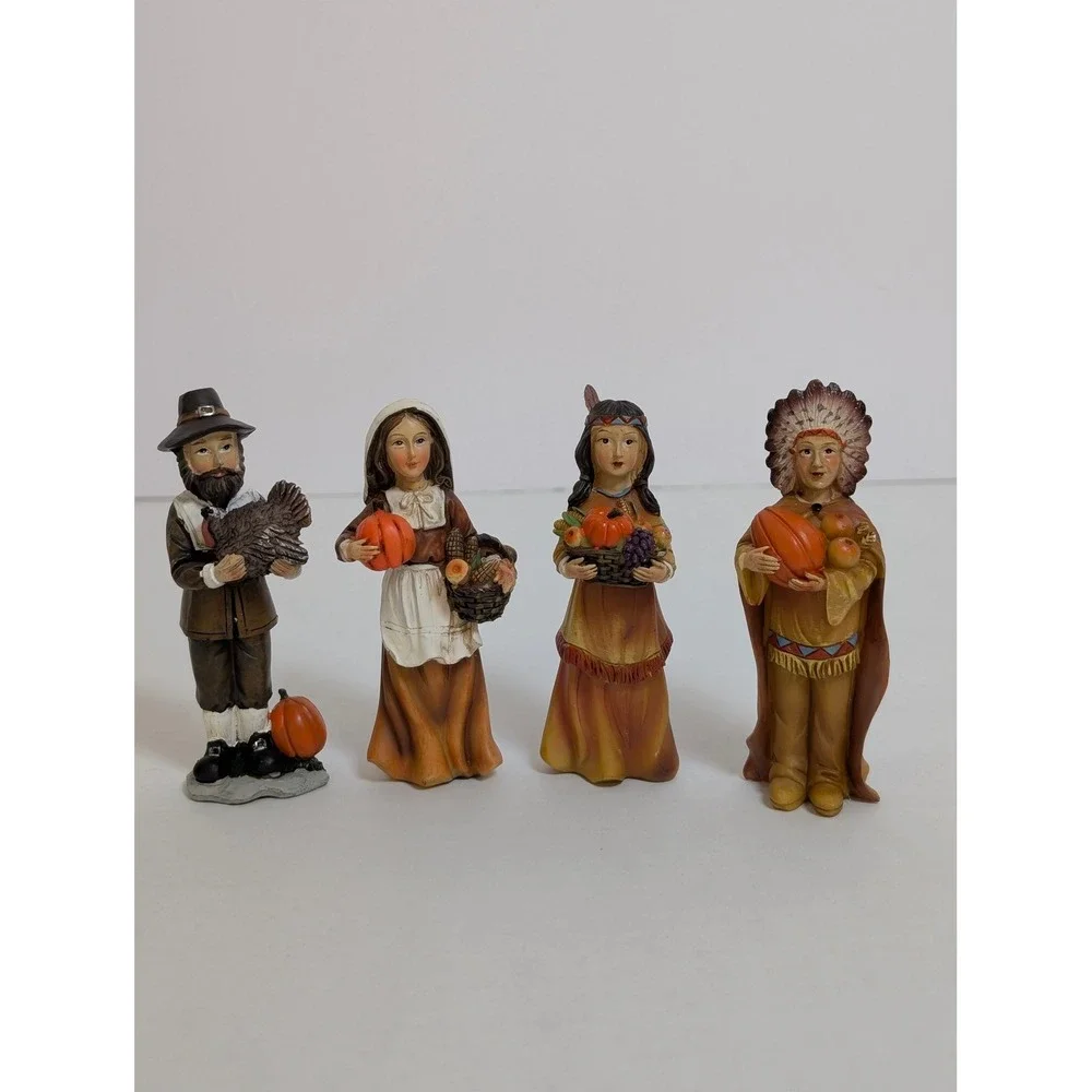 Thanksgiving Harvest Pilgrim and Native American Figurine Set 4pc Autumn Decor